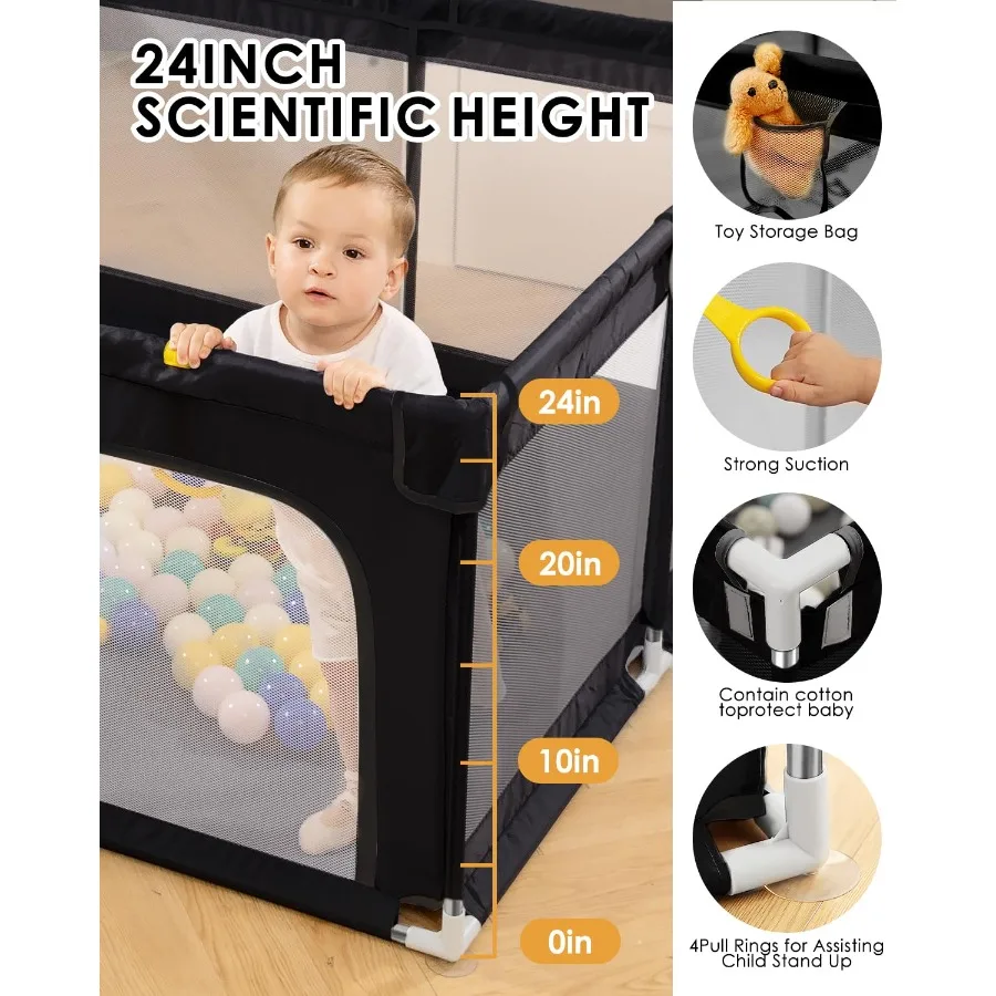 Baby Playpen with Non Removable Mat, Extra Large Play Yard for Babies & Toddlers, Portable Travel Playpen (Black 50"×50")