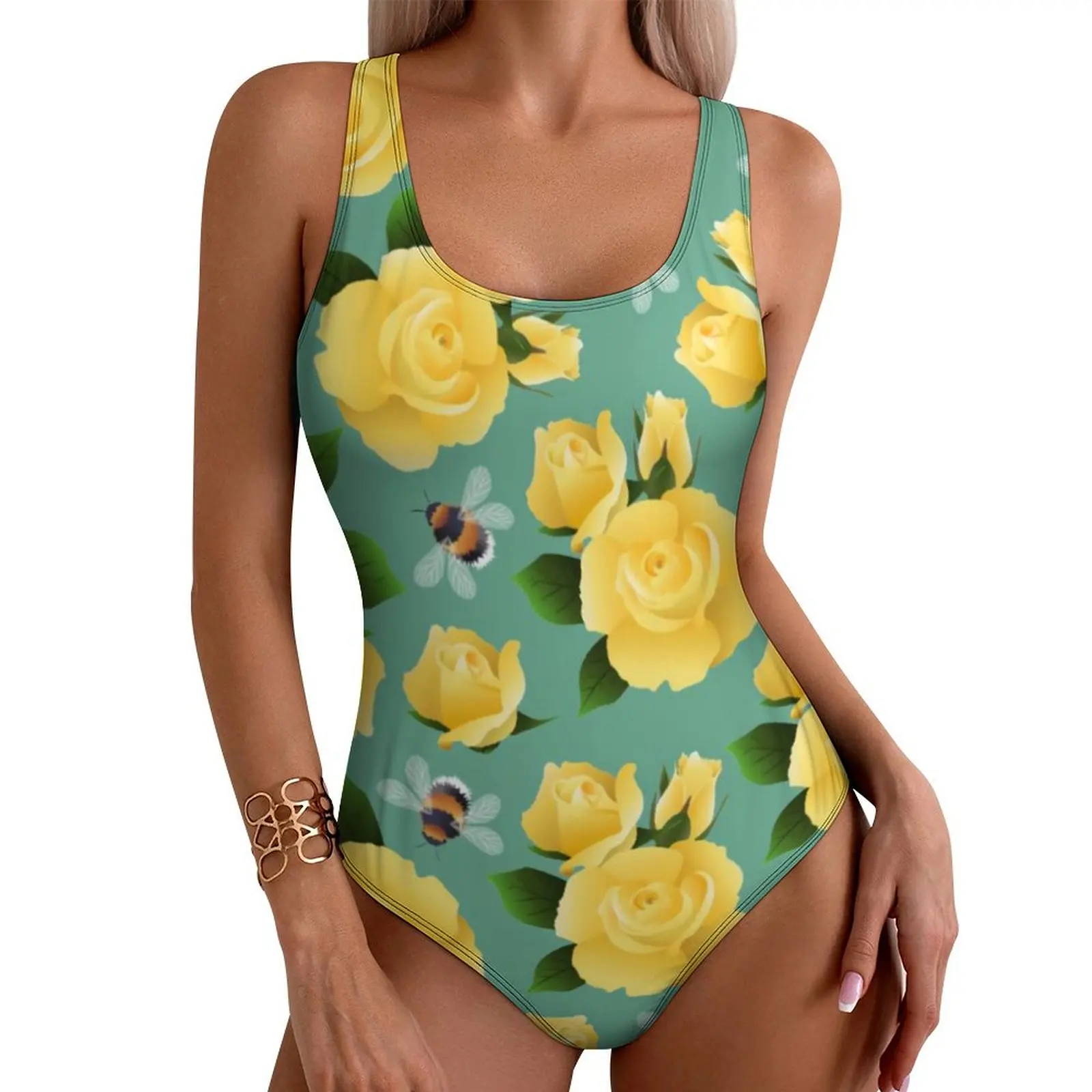 

Flying Bees Swimsuit Yellow Roses Print Swimwear One Piece Swimsuits High Cut Monokini Women Push Up Sexy Beach Wear Gift Idea