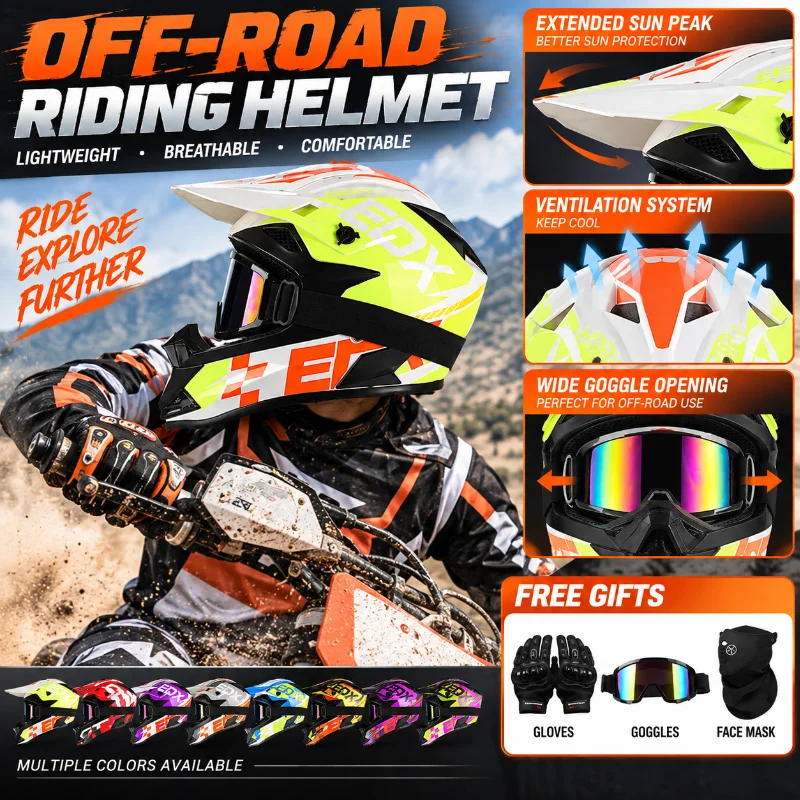 ABS Motocross Helmet Motorcycle Off Road Full Face Helmet Breathable Dirt Bike Racing Helmet with Goggles Gloves Face Mask