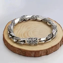 925 Sterling Silver Hollow Out Bracelet for Men Vintage Lucky Pattern Lightweight Trendy Charm Jewelry Gift