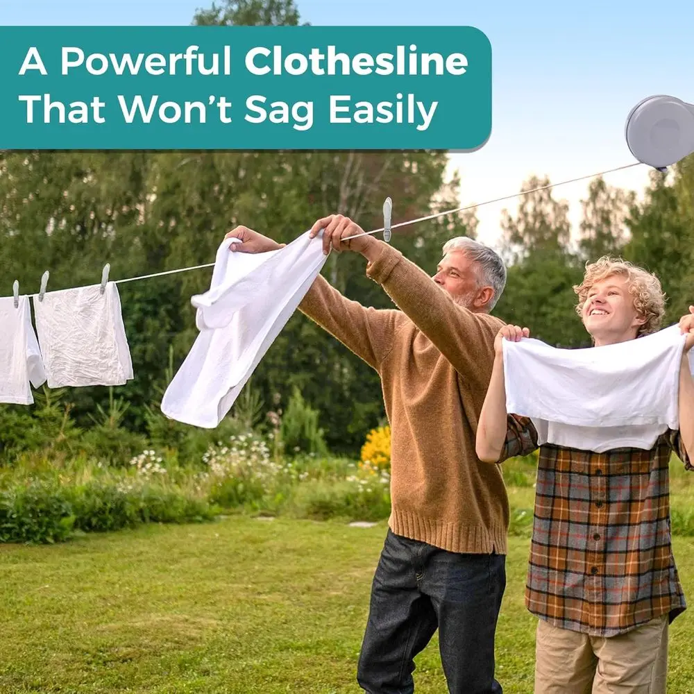 Outdoor/Indoor Retractable Clothesline - 49ft Heavy Duty Wall Mount Laundry Line with 24 Reusable Pegs, Grey
