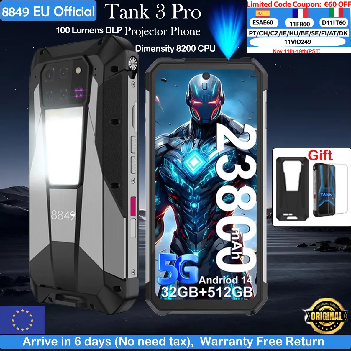 8849 Tank 3 Pro Unihertz Smartphone robuste avec projecteur 100 Lumens 5G 32/36GB 512GB 23800mAh téléphones portables dimension 8200 CPU