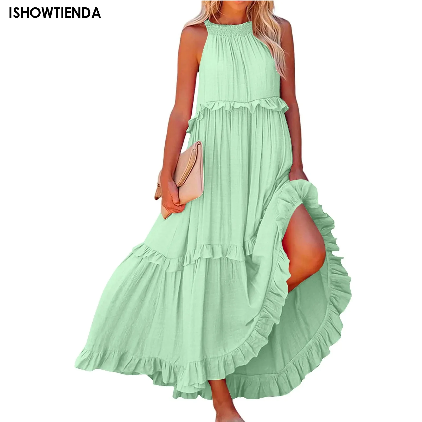 Bohemian Beach Sundress Sexy Sleeveless Backless Big Swing Maxi Long Dress Strapless Ruffles Midi Dresses Vacation Vestidos