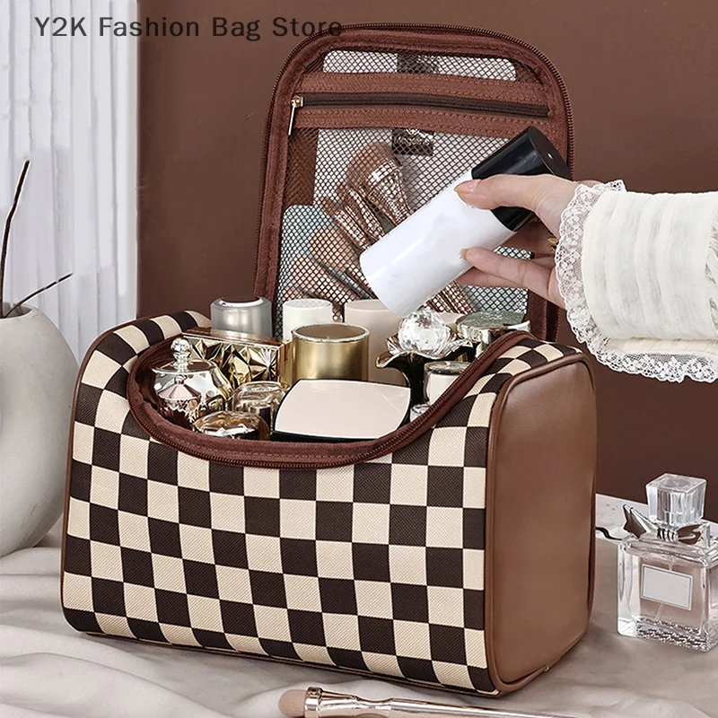 Large Capacity Retro High Beauty Checker Makeup Bag Handheld Storage Bag PU Leather Waterproof Makeup Bag New Style