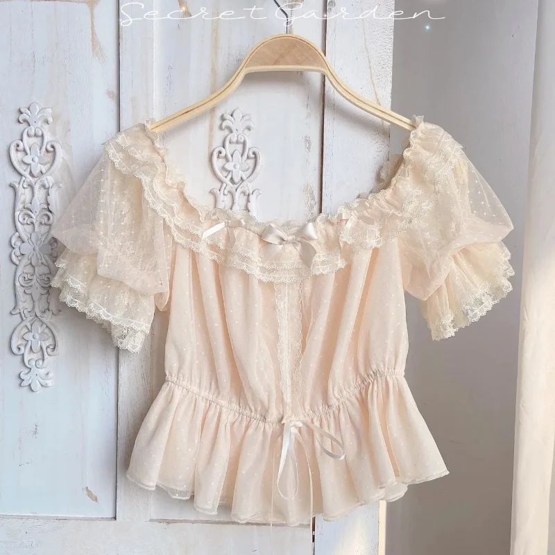 

Шифоновая блузка в стиле японской Лолиты с пышными рукавами, женская шифоновая блузка с рюшами и бантом, укороченный топ на талии, летние милые рубашки Y2k в стиле ретро