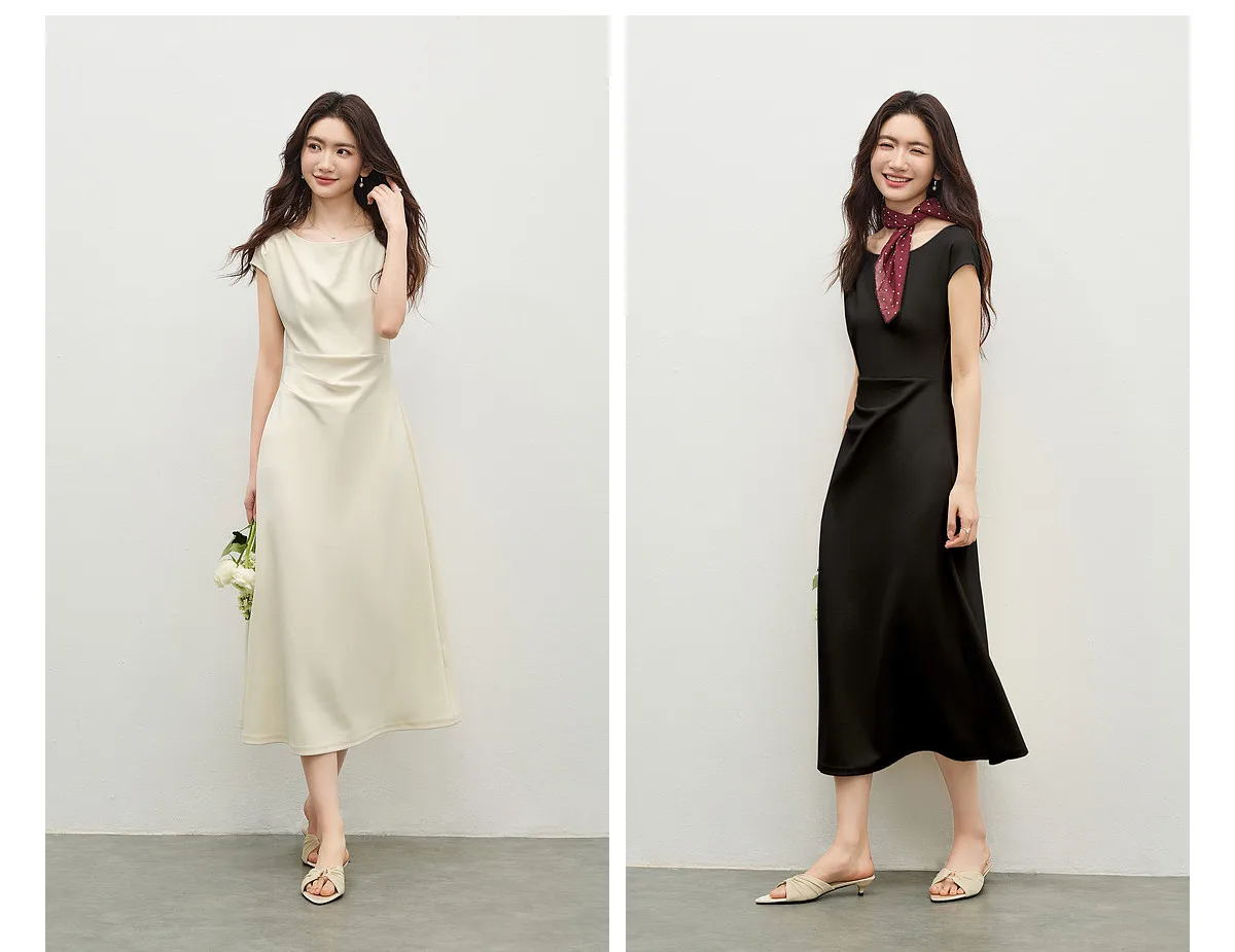 SENTUBILA Schwarzes Minimalistisches A-Linien-Kleid mit Kurzen Ärmeln für Damen 2026 Sommer Elegantes Boot-Ausschnitt Gerafftes Kleid mit Schmaler Taille 162LI5946 – Detail 14