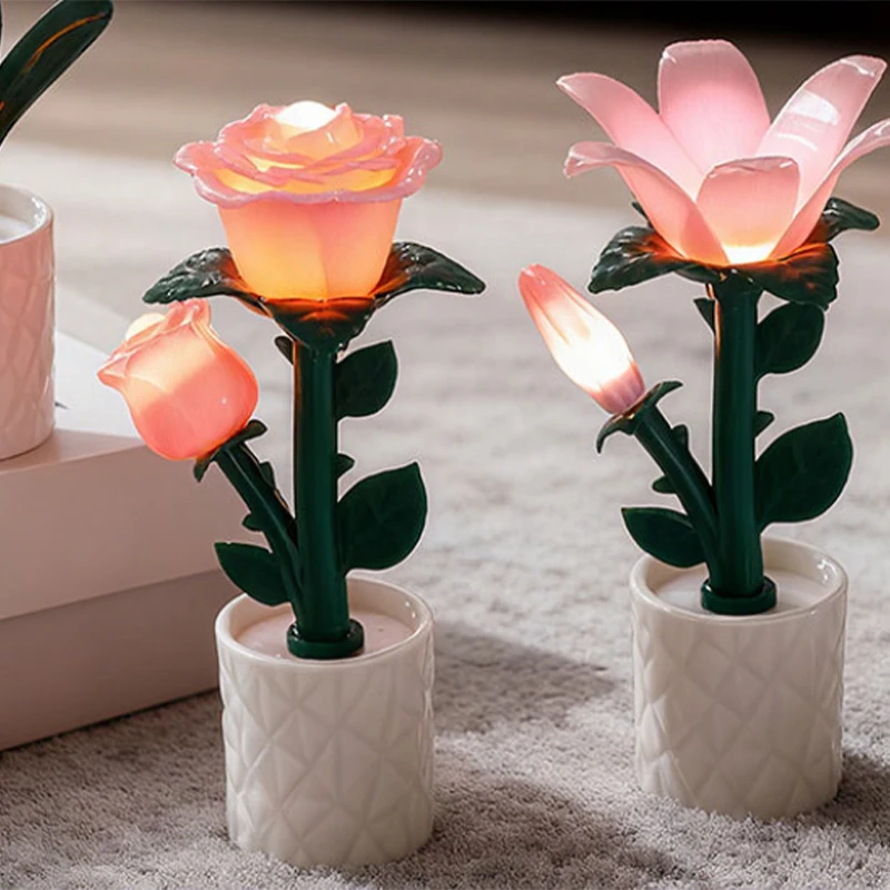 Pink Flower LED Night Light Table Lamp Tulip/Rose/Azure Orchid Warm White Ambient Lamp Building Block Style Desktop Decoration