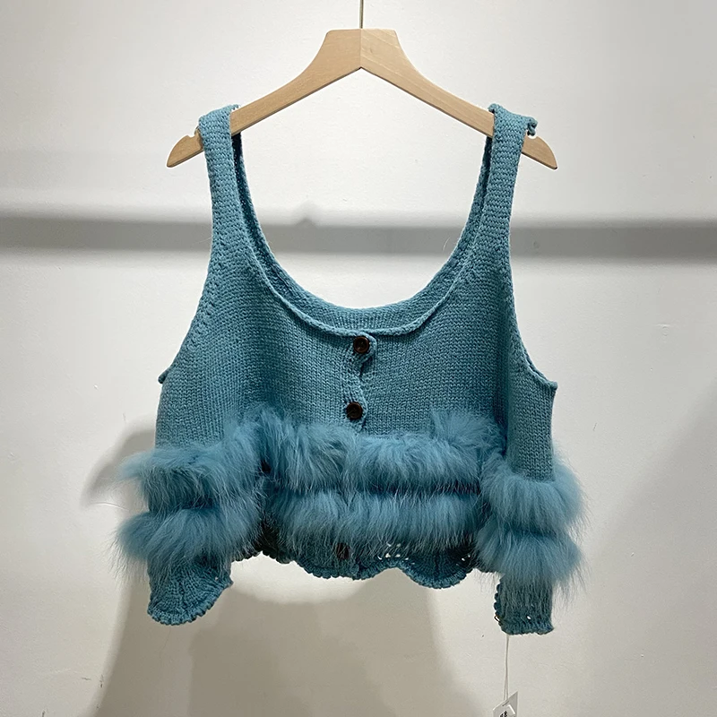 Women Lovely Blue Real Fox Fur Spaghetti Strap Sweater Girl's Sexy Spring White Knitted Short Camisole Vest
