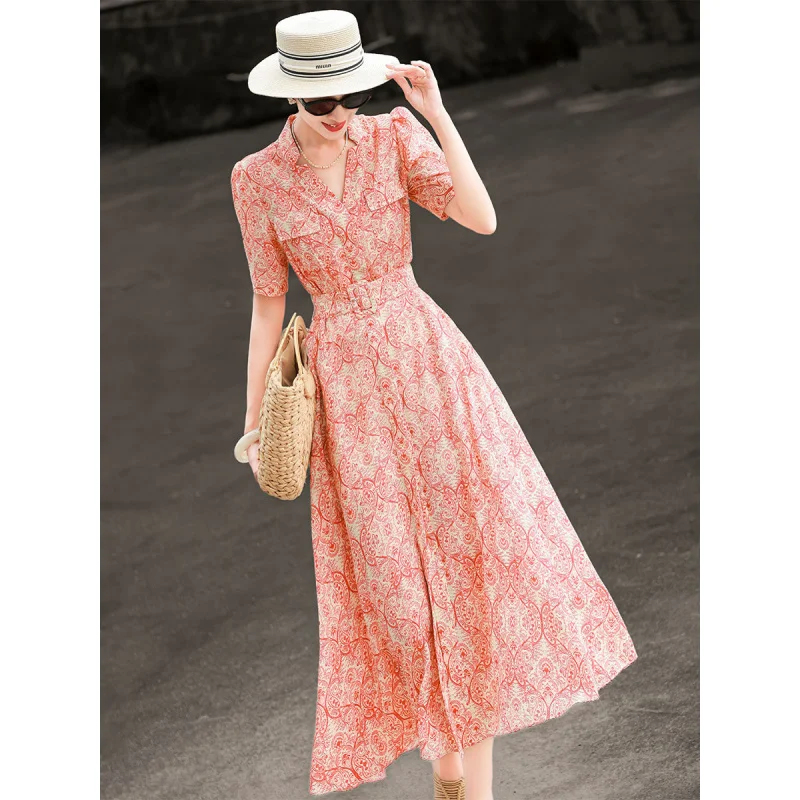 

MEXCOCO 2026New summer style French elegant short sleevesVCollared, waist-cinching, tie-waist, printed dress