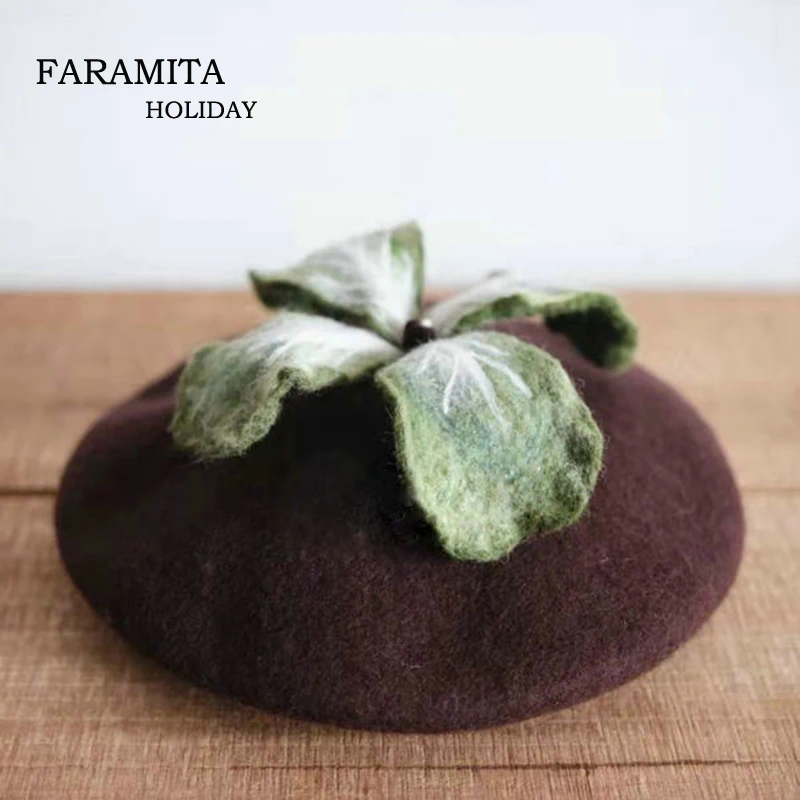 faramita holiday 2022 new handmade wool berets women girls kids hats cute painter beret french Chinese cabbage hand wear felt