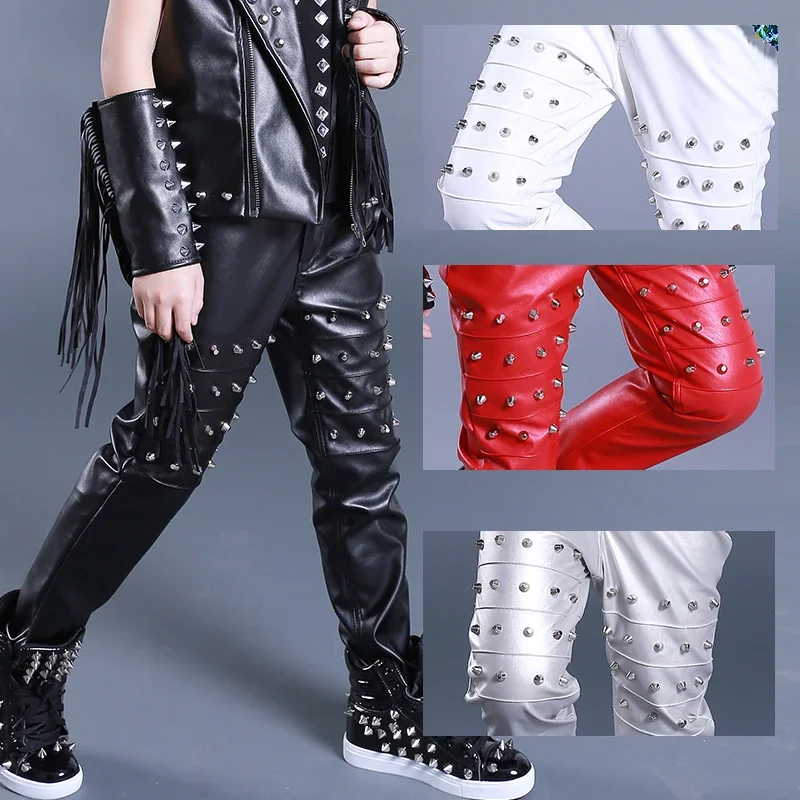 

Boys Black Leather Rivet Pants Street Dance Costume Catwalk Drum Hip Hop Dance Clothes Kids Singer Trousers Stage Wear DNV15221