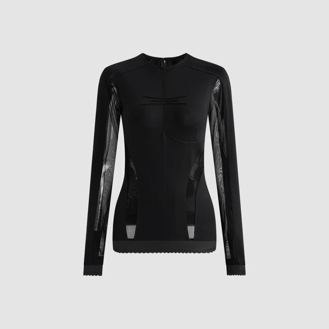 2026 Sheer Mesh Panel High-Stretch Top – Long Sleeve Sculpting Base Layer with Cut-Out Details & Scalloped Hem in Black