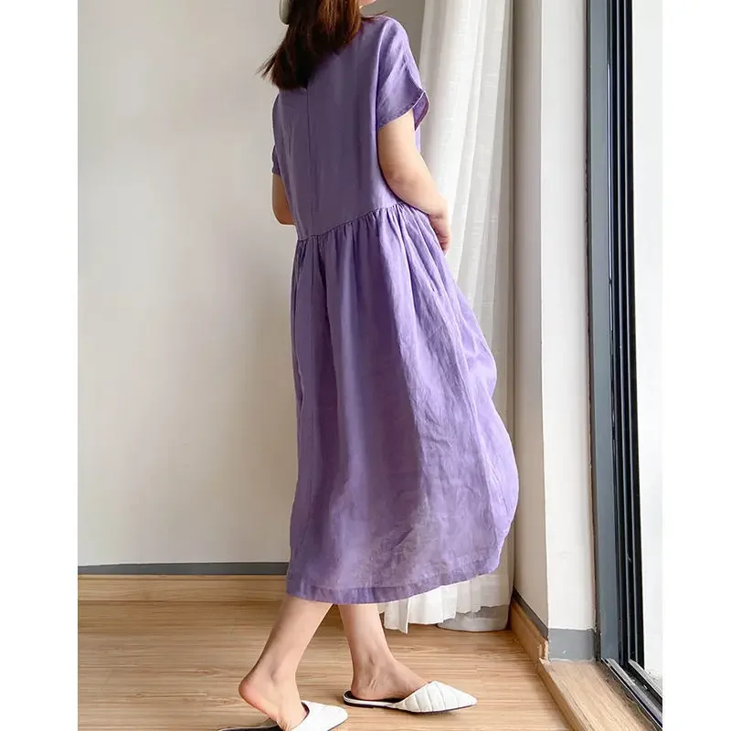 Fashion O-Neck Solid Color Folds Short Sleeve Casual Dresses Women's Clothing 2024 Summer New Oversized Loose Long Dress image 3