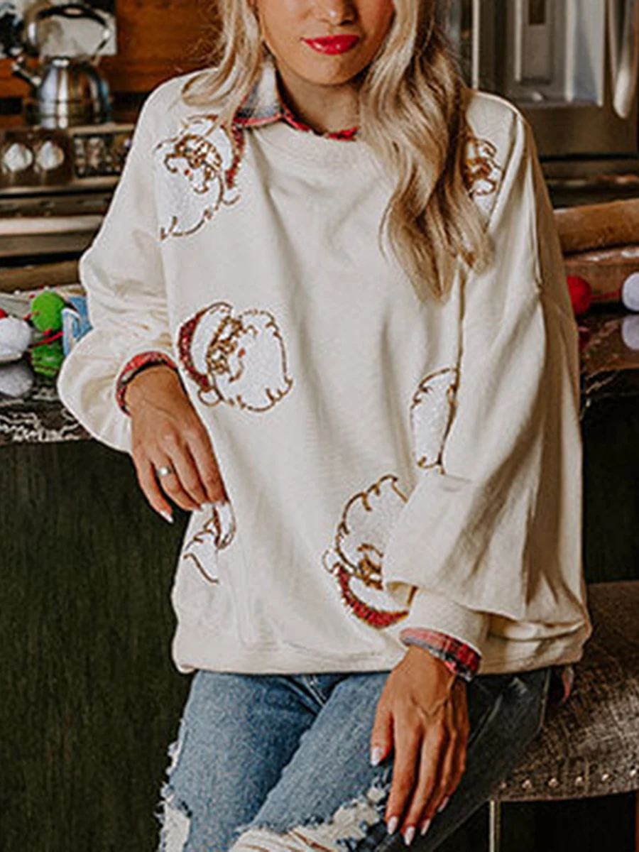 Womens Christmas Sweatshirt Sequin Santa Crew Neck Lantern Sleeve Pullover Tops Casual Streetwear