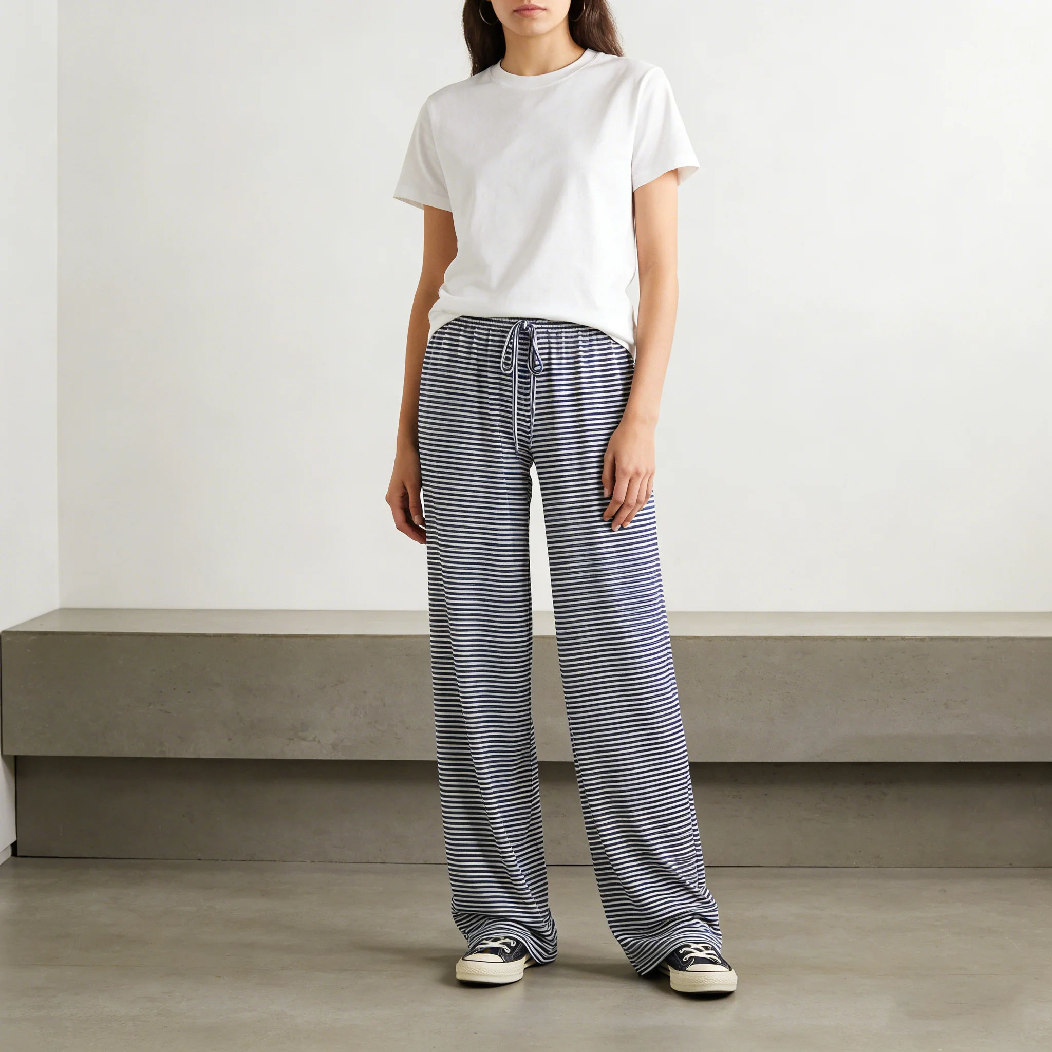 Amerikaanse casual gestreepte broek 2025, nieuwe hoog getailleerde losse broek met rechte pijpen en veters voor dames in herfst en lente