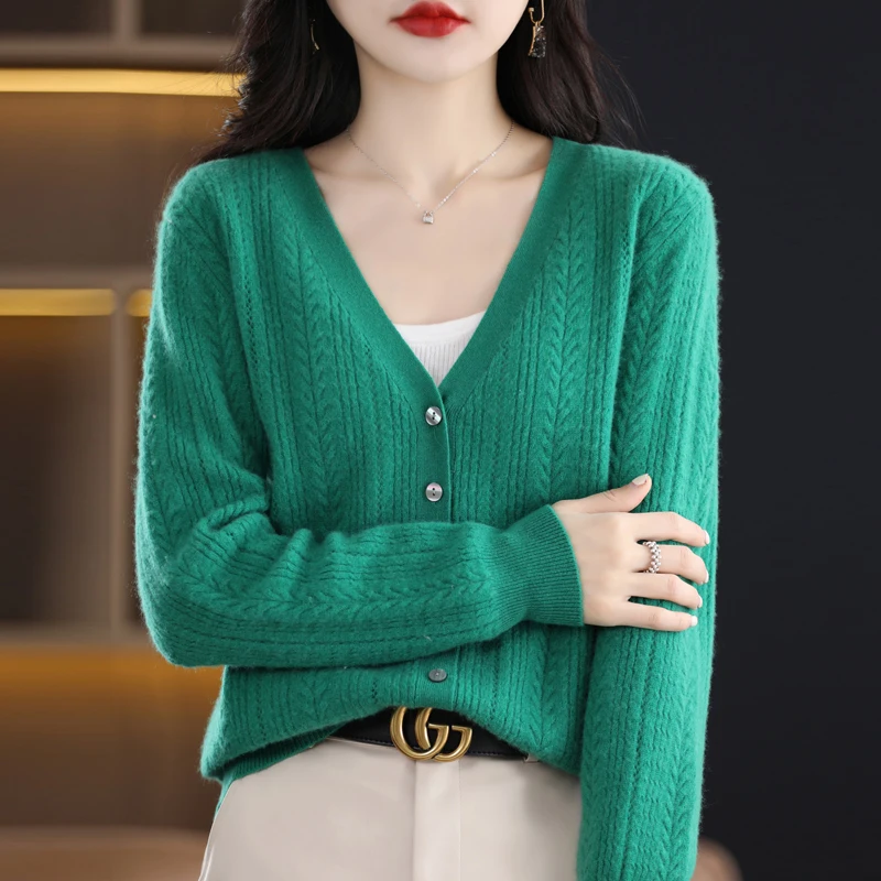 New Spring Autumn Pure Wool Cardigan Women\'s V-neck Merino Wool Knitted Jacket 2023 Korean  Westernized Pure Color Versatile Top