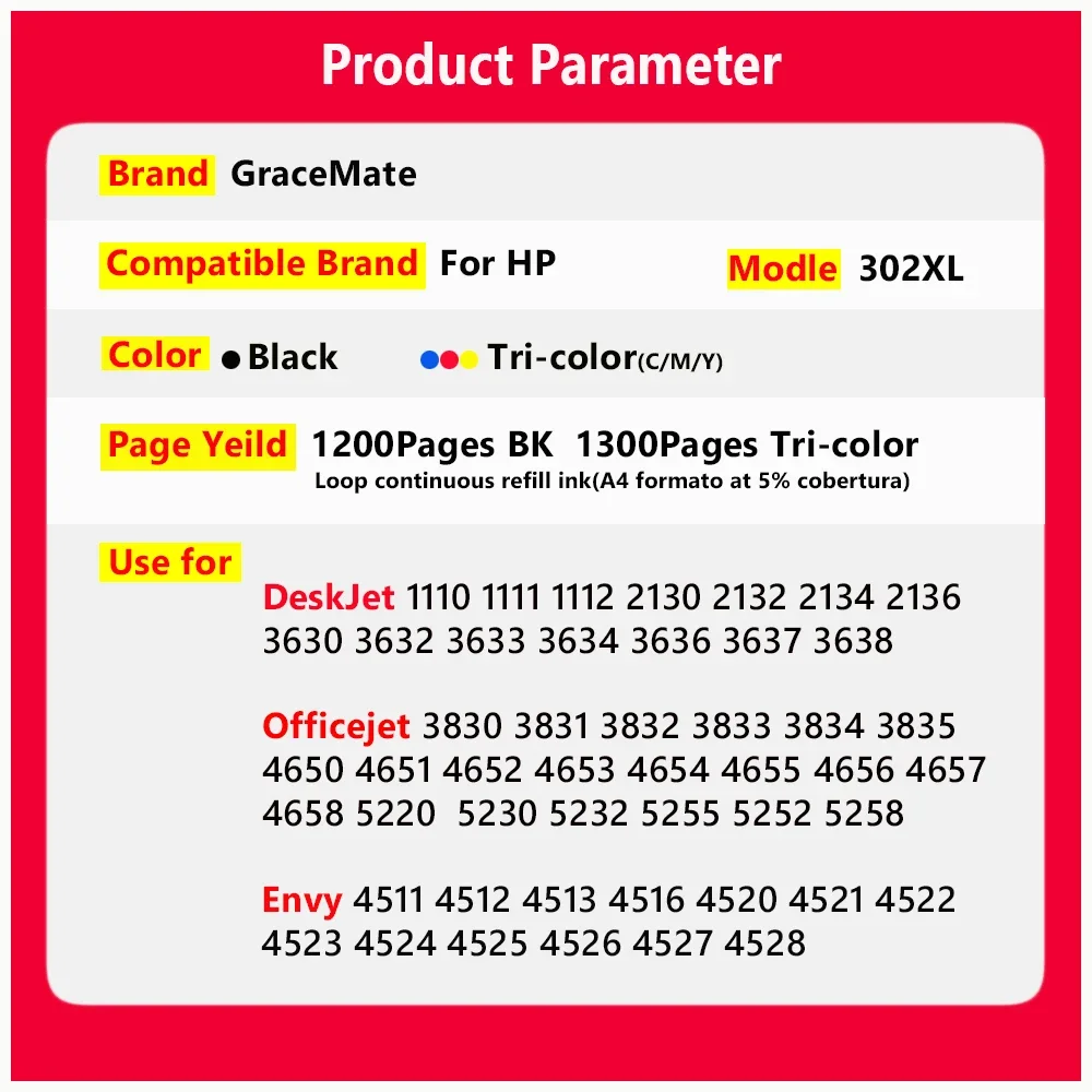 302XL Refilled Ink Cartridge Remanufactured for HP Deskjet 1110 1111 1112 2130 2131 Printer