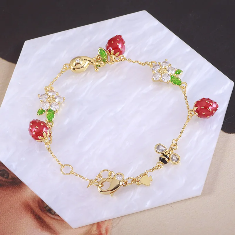 Trendy Spring Fashion Drip Oil Strawberry Charms Cute Snail Cubic Zircon Flower Charms Multi Pendant Sweet Bracelet for Women