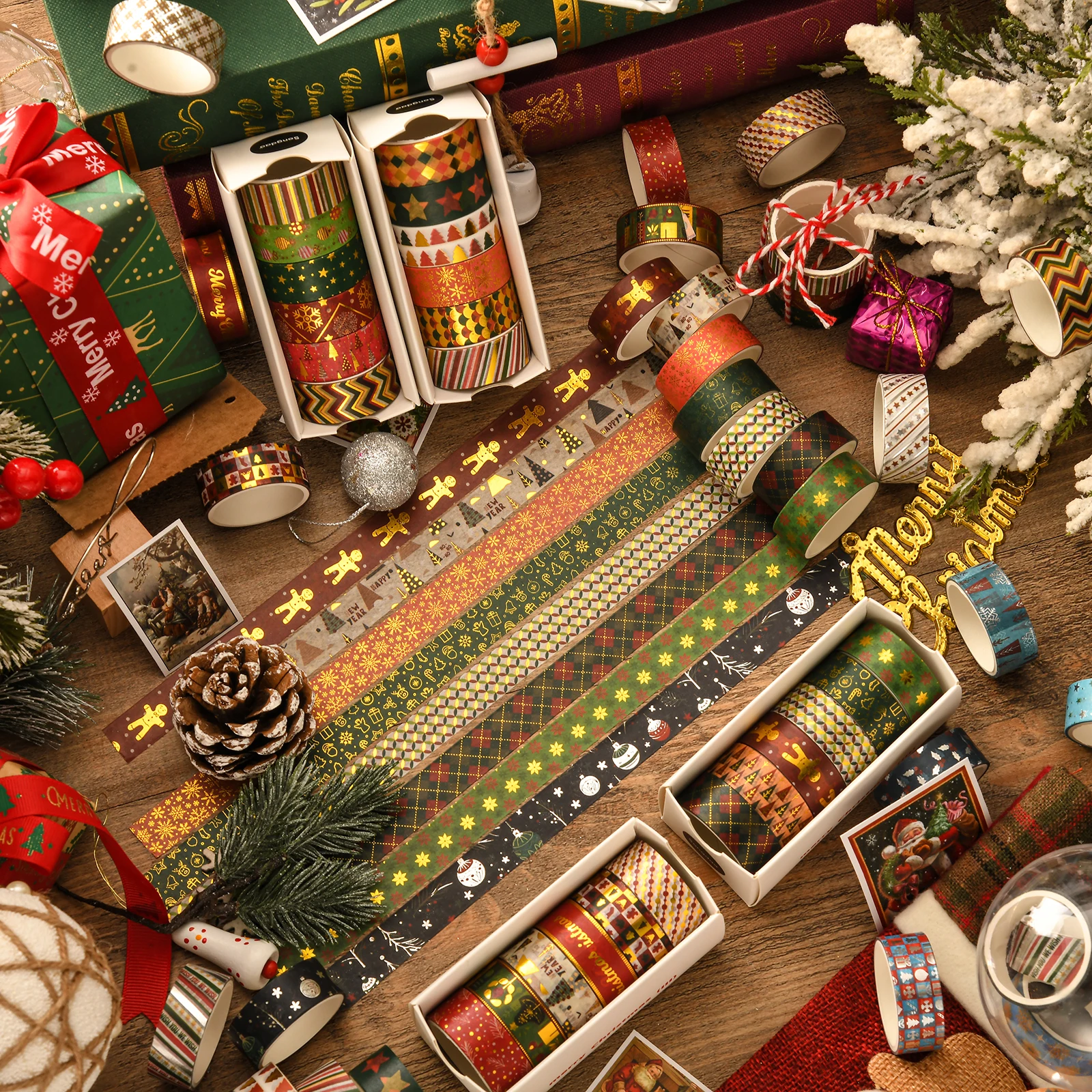6 ม้วน Merry Christmas Washi เทปชุดทองปั๊มกาวเทปกาวสติกเกอร์ตกแต่งสําหรับไดอารี่ของขวัญบรรจุ A7746