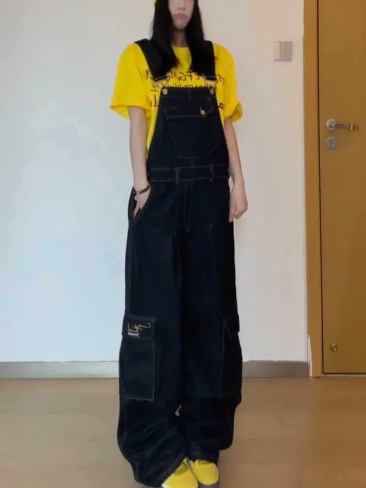 

Американские свободные повседневные джинсовые комбинезоны с широкими штанинами для женщин, весна-лето, новинка, ретро, прямые, в рабочем стиле, с высокой талией, джинсы