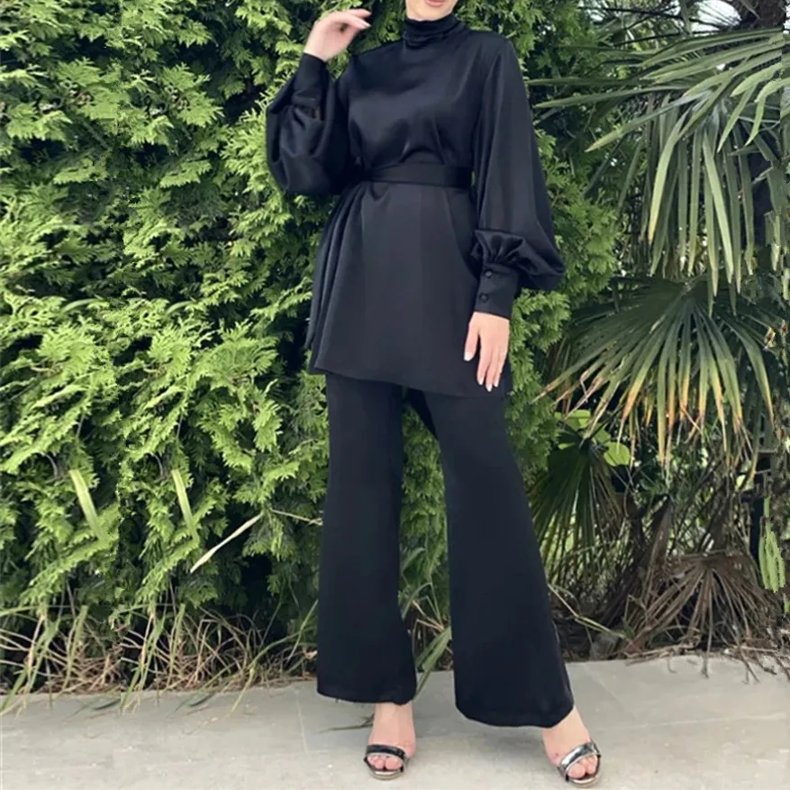 

2 Pieces Women Long Sleeve High Neck Plain Tops Elastic Waist Pants Set Dubai Turkey Tracksuit Muslim Suit Outfits Dress Abaya