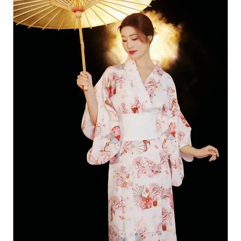 Women Yukata Kimono Formal Traditional Dress With White Obi Printed Bathrobes Dance Performance Photography Geisha Costume