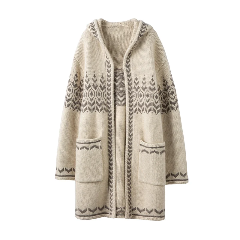 

Autumn Winter 100% Merino Wool Women's Hooded Cardigan Sweater Coat Loose Warm Cashmere Knitwear Simple Youth Long Coat