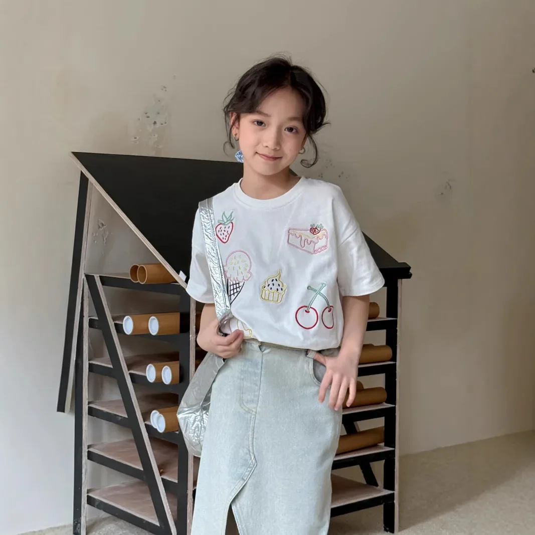 Children Clothes Girls T Shirt Korean Style 2025 Spring Summer Girls Embroidered Fruit Short Sleeve Loose Knit Top T Shirt