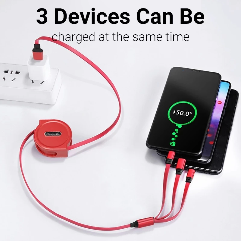 120cm 3 In 1 USB Charge Cable for iPhone 13 12 Micro USB Type C Cable Retractable Portable Charging Cable For iPhone X 8 Samsung