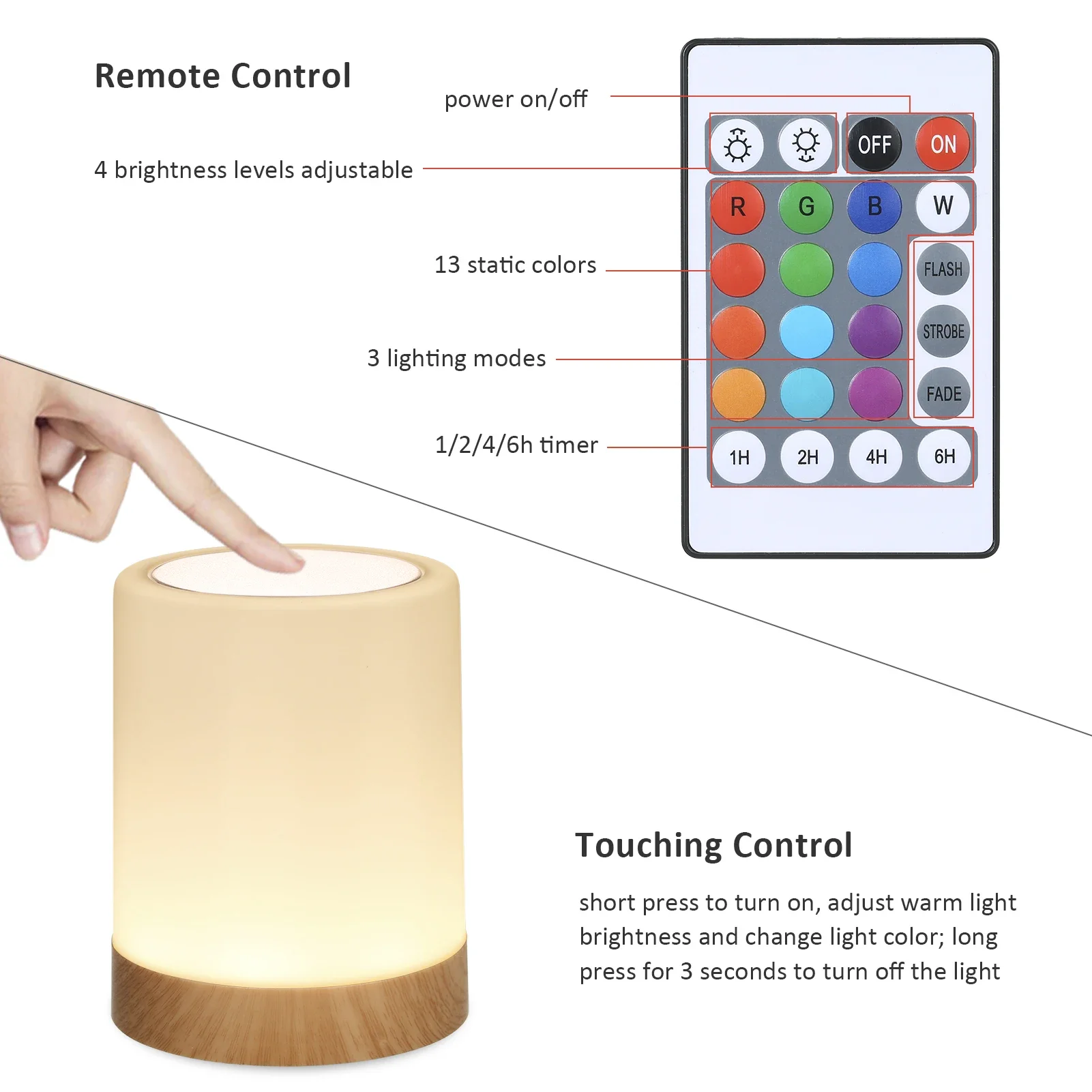 Luz de cabeceira noturna com redutor remoto, RGB Color Table Lamp, Touch Control, USB, recarregável, Night Lamp