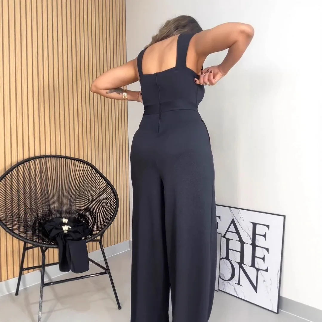 Pakaian 2 Potong Wanita Dekorasi Logam Leher Persegi Tanpa Lengan Ritsleting Belakang Cinched Pinggang Lebar Kaki Jumpsuit & Set Kardigan Crop Kasual