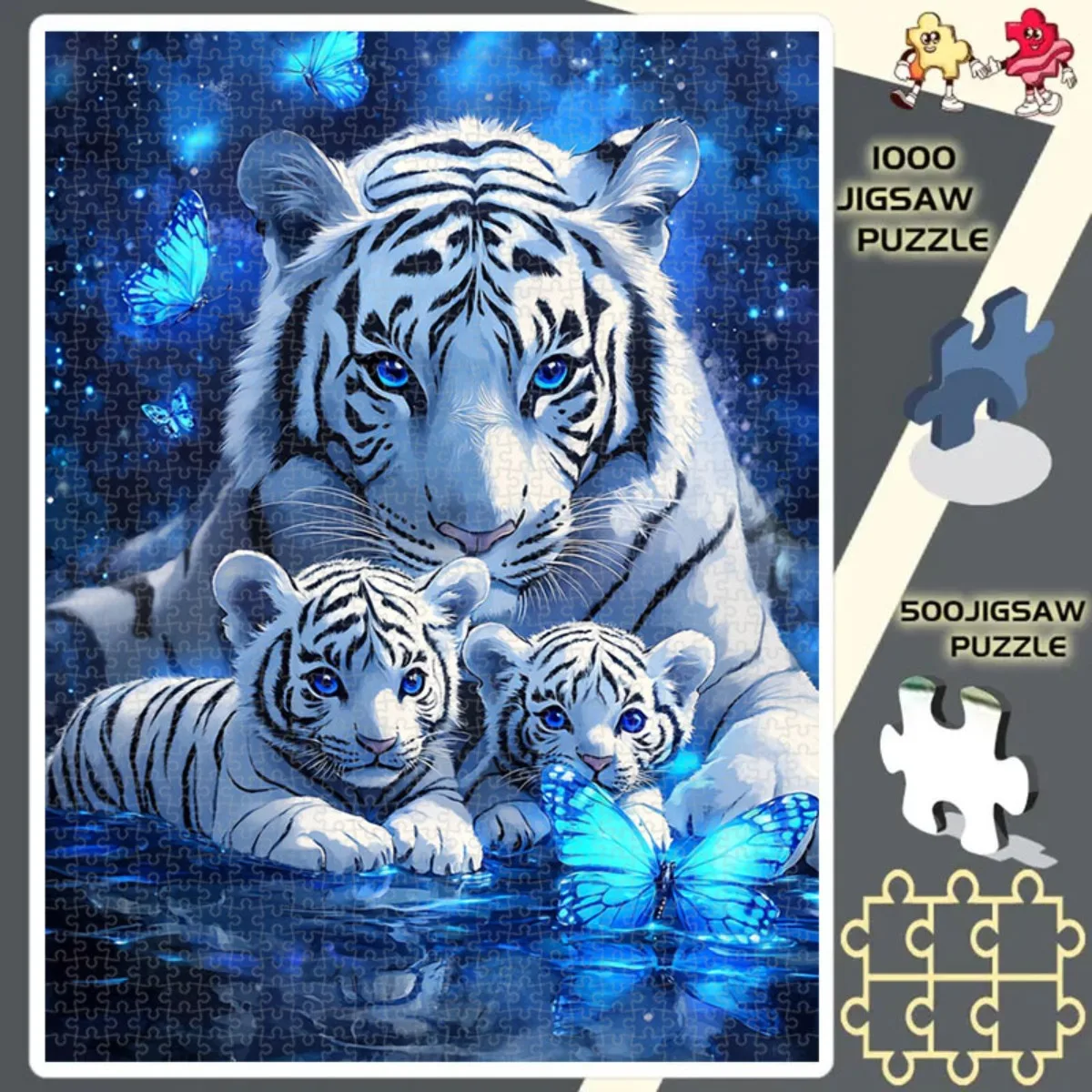 A 1, 000pcs of Puzzleshalloween Decorative Puzzle for Living Room White Tiger Family Design Blue Glow Effect 1000pcs Jigsaw Pu view 5