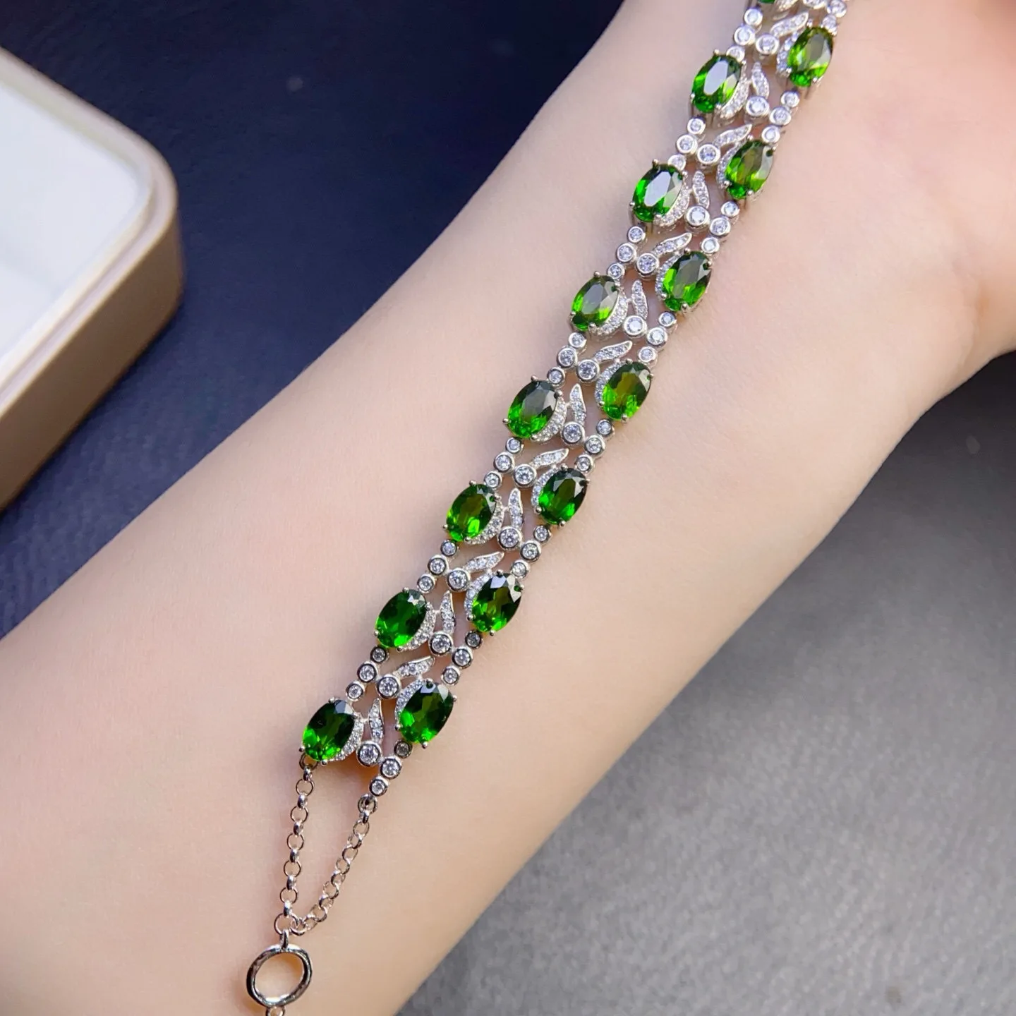 S925 Sterling Silver White Gold‑Plated Natural Diopside Bracelet,4*6mm Oval Gemstone Multi‑Layer Chain Jewelry for Women