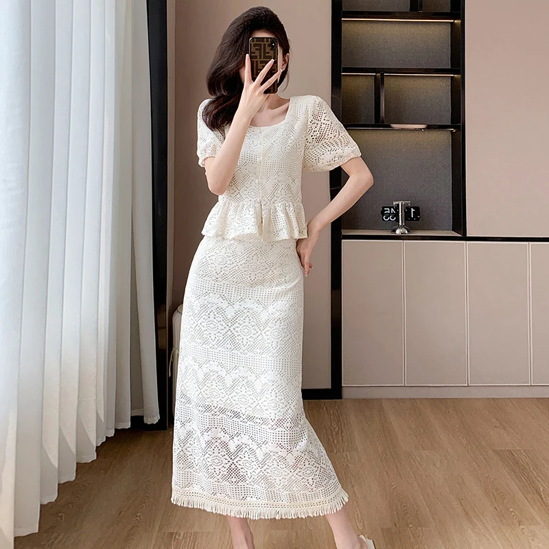 New Summer Lace Skirt Suits Two Piece Sets Women Outfits Elegant Square Collar Ruffles Top + Bodycon Tassel  Mid Skirt Sets