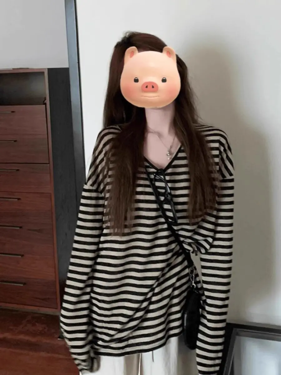 

Loose Striped U-Neck Long Sleeve Women's T-Shirt Spring Autumn Casual Comfortable Air Conditioning Top plus Size Cover up