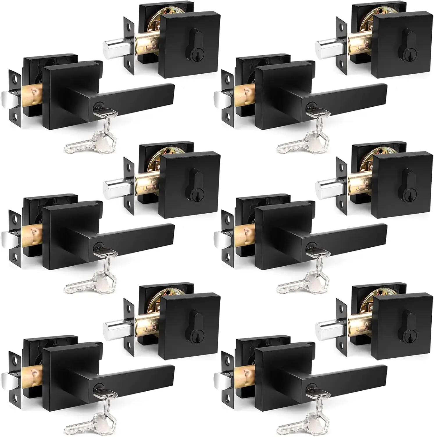 Flat Black Entry Levers Lock Sets and Single Cylinder Deadbolts Keyed Alike Combination Set, Heavy Duty Square Entry Door