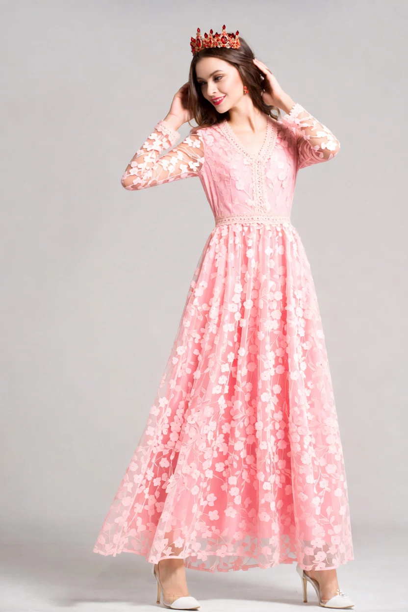 فستان ماكسي نسائي بأكمام طويلة من الدانتيل الوردي مع رقبة على شكل حرف V، فستان سهرة من التول مزين بالزهور ثلاثي الأبعاد، فساتين رسمية للأميرة الحلوة #5
