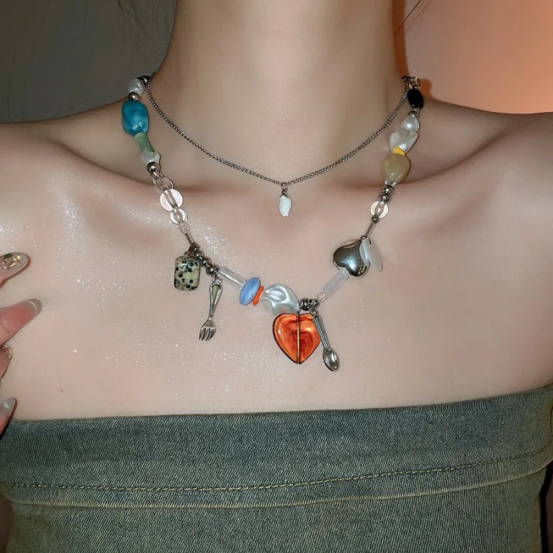 

Minar Creative Natural Stone Irregular Resin Heart Fork Spoon Beads Pendant Necklaces for Women Double Layered Strand Chokers