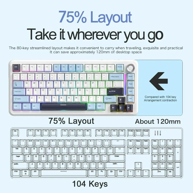 لوحة مفاتيح ميكانيكية زرقاء جليدية قابلة للتخصيص بنسبة 75%، هيكل حشية بمفتاح كامل ولوحة مفاتيح ألعاب لاسلكية RGB قابلة للتبديل السريع #5