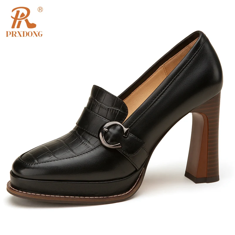 PRXDONG New Spring Autumn Women's Pumps Genuine Leather Chunky High Heels Platform Shoes Black Beige Dress Party Office Lady 39