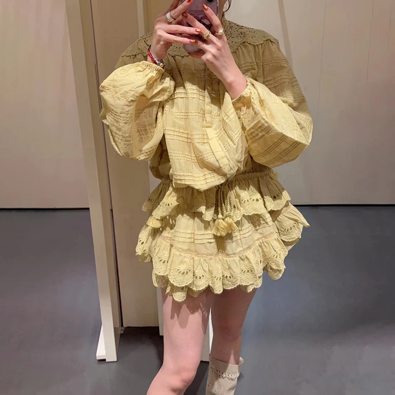 

Spring Summer Women's Pure Cotton Loose Long Sleeve Lantern Sleeve Drawstring Waist Shirt Short Skirt Set High Waist Floral P...