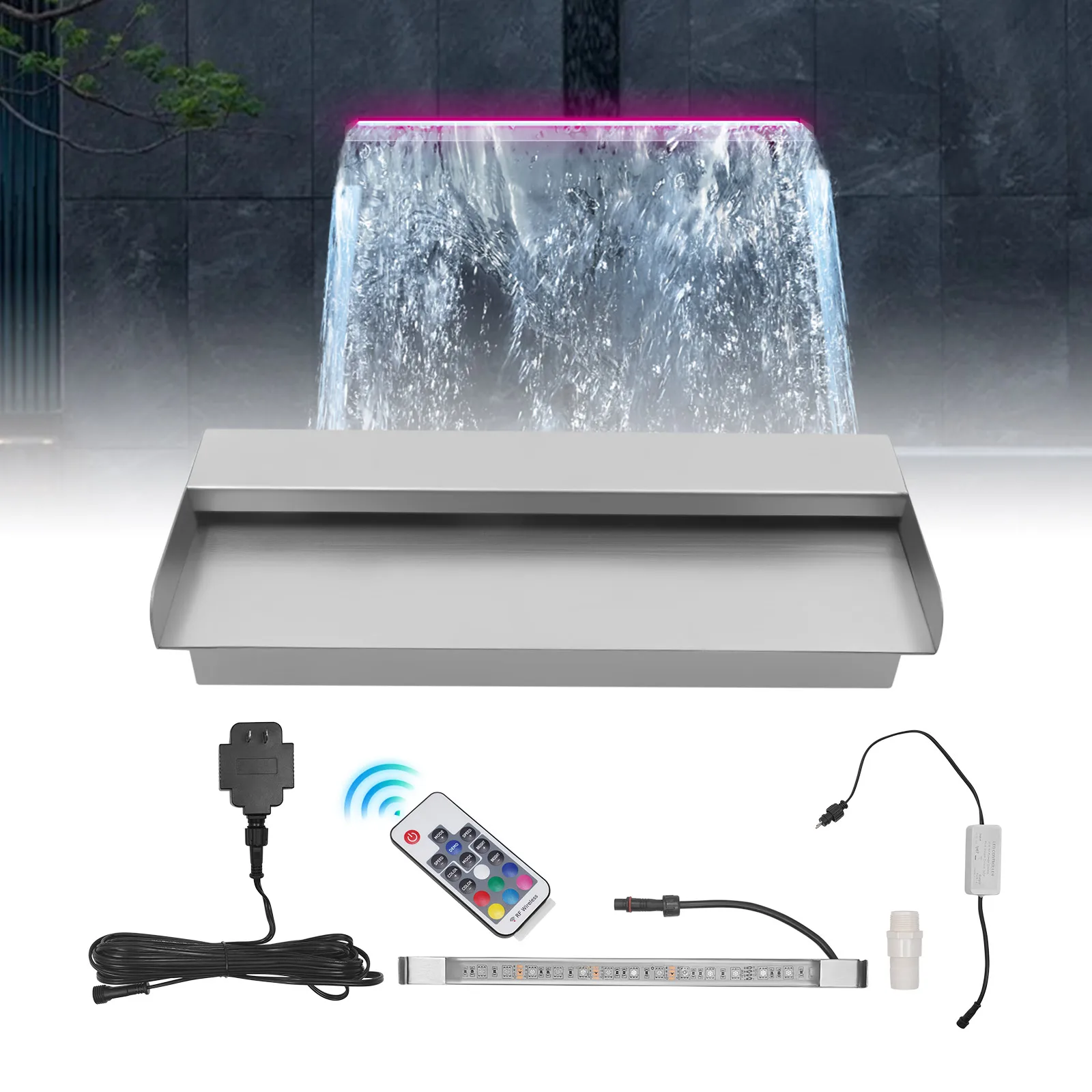 

LED Waterfall Spillway Pool Waterfall Fountain 7-Color RGB Lighting, Remote Control, 304 Stainless Steel for Ponds & Gardens