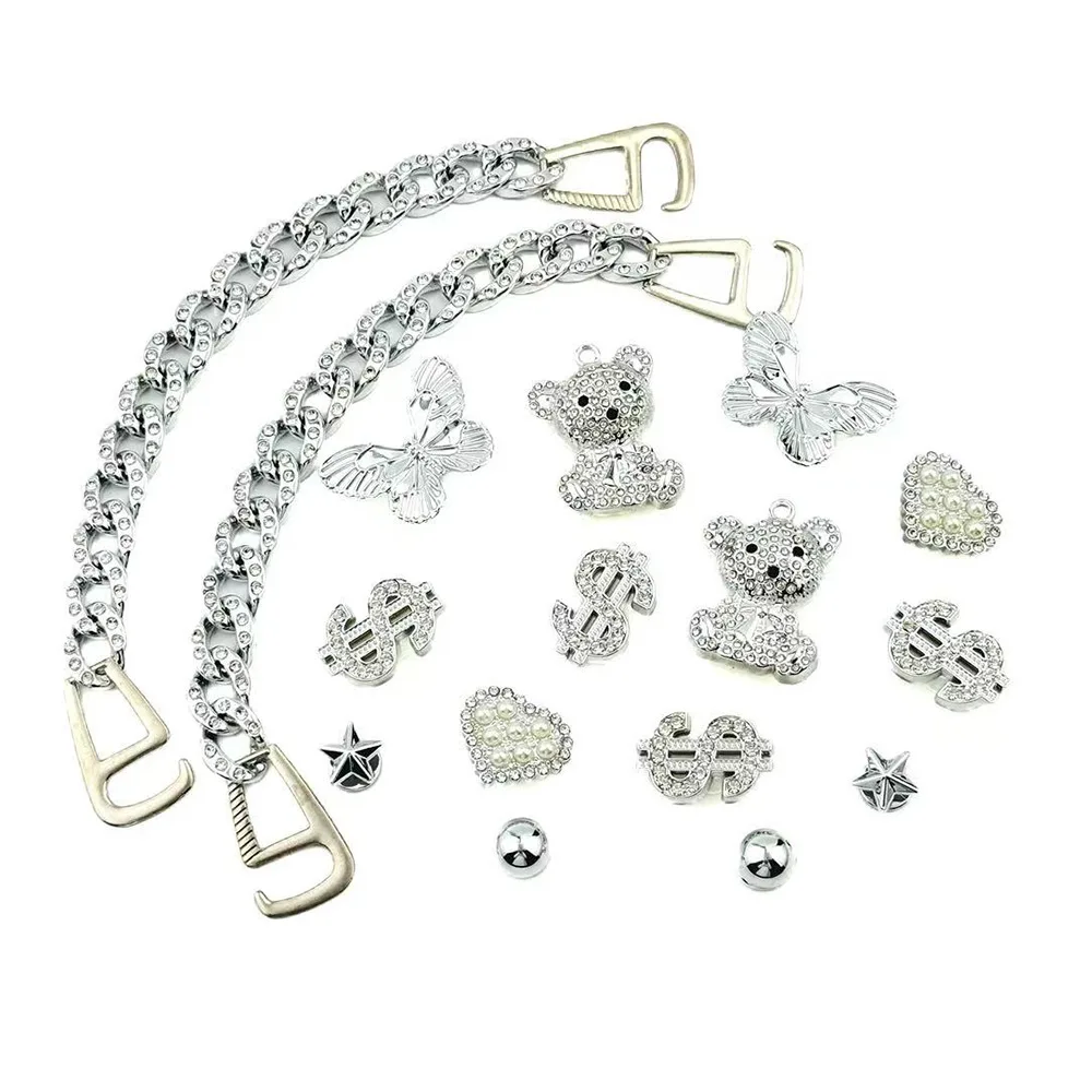 

16PCS Fashion Shoe Charms Set Silver Diamond Bear Butterfly Chain Shoe Decorations Buckle for Sandals Clogs DIY Accessories Gift