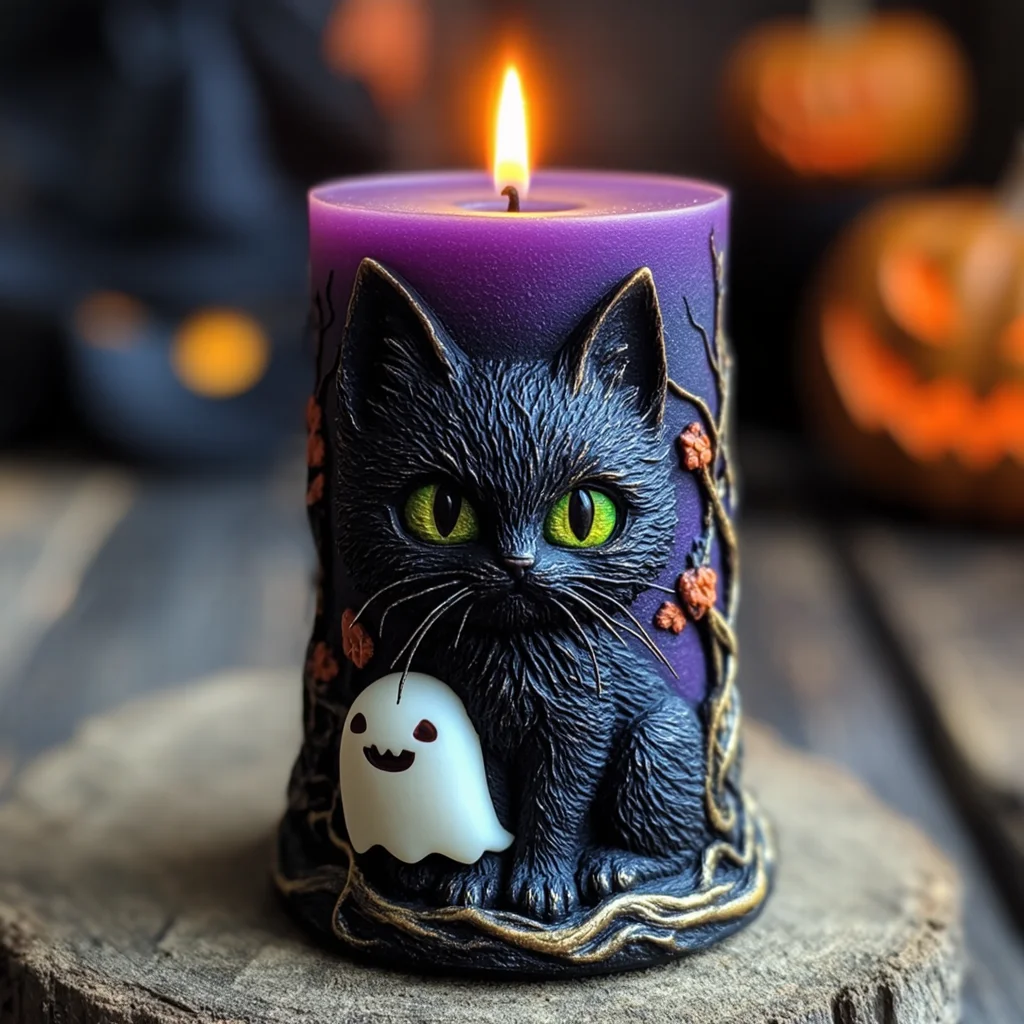 Un molde de vela de silicona de gato negro mágico |     Tallado en relieve fantasmal |     Vela navideña morada de noche oscura DIY ​