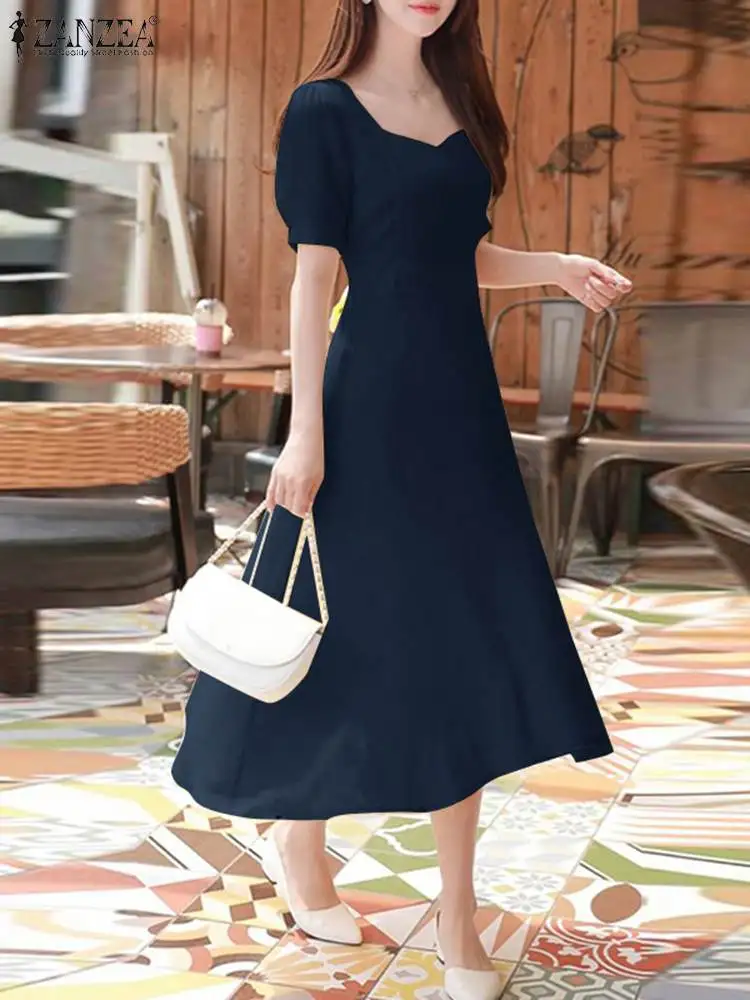 ZANZEA Elegant Waist Party Dresses Vintage Evening Dress Women Puff Short Sleeve A-line Robe 2024 Summer Wedding Midi Vestidos