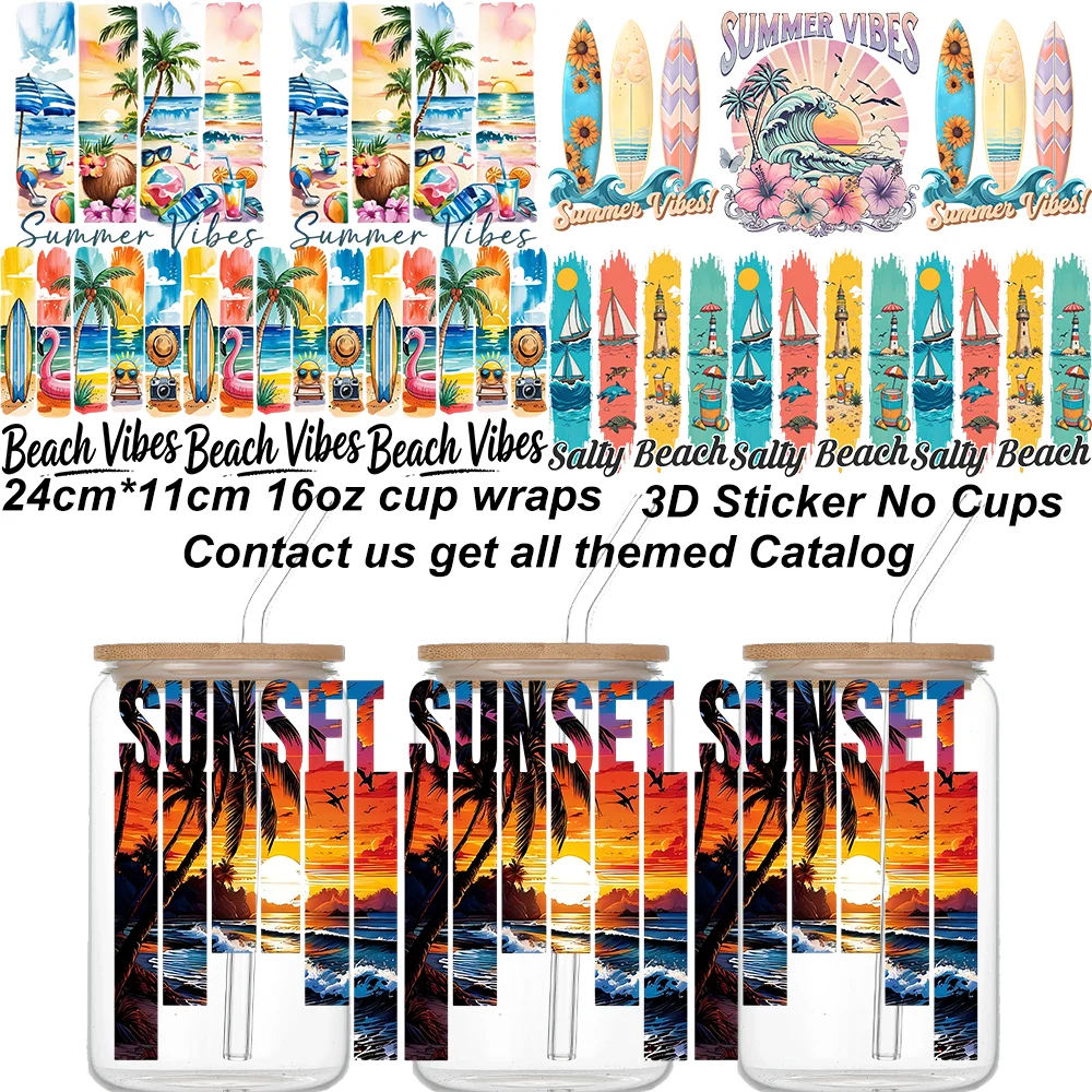 Summer Vibe Design UV DTF Transfers Stickers 16oz Cup Wraps Beach Printed For DIY Glass Sticker Flower Pattern Cup Wraps