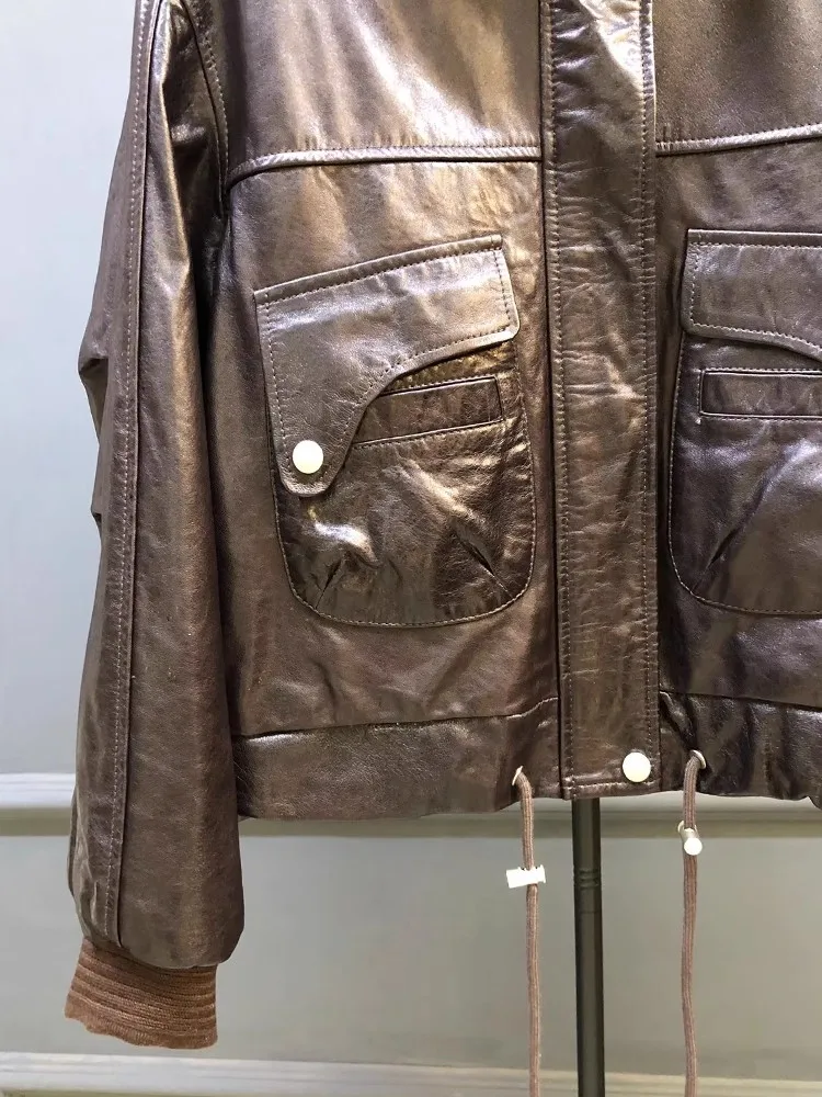 Vintage Women Loose Fit Casual Stand Collar Bomber Jacket Autumn Sheepskin Genuine Leather Jacket Motorcycle Biker Outwear Coat