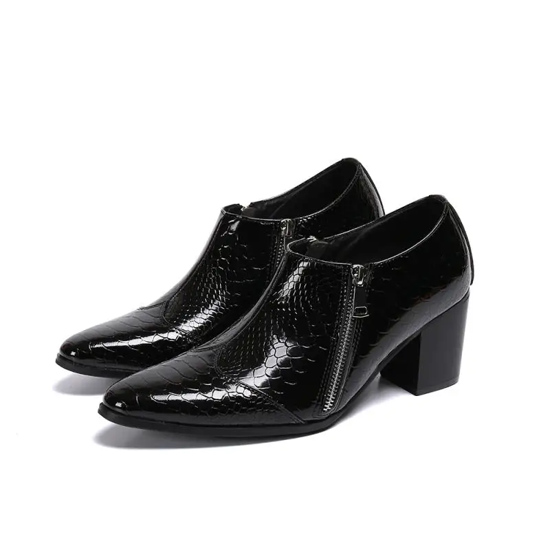 Men's high heels 8cm height, casual double zipper, thick heel, men's leather shoes, soft top, comfortable for daily use