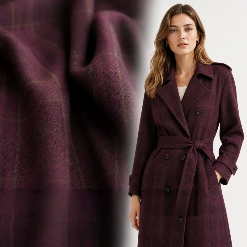 Tela de lana a cuadros color burdeos estilo vintage británico para abrigos, gabardinas, chaquetas y faldas.