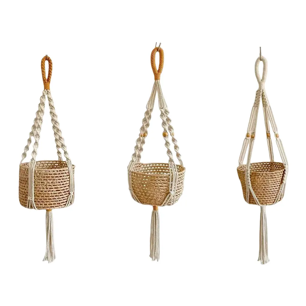 2024 New Portable Grass Woven Hanging Flower Baskets Woven Hanging Green Plant Potted Flower Basket Hanging Flower Pots